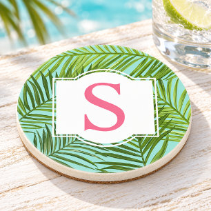 Tropische Pinke Grüne Palmwedel Monogramm Anfangsb Getränkeuntersetzer