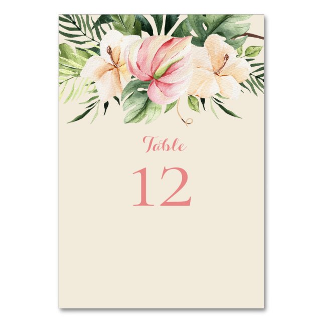Tropische Plumeria & Flamingo Lily Table Card Tischnummer (Vorderseite)
