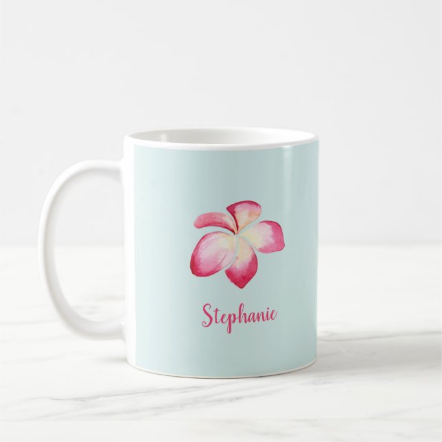 Tropische Plumeria Pink Wasserfarbe Tasse (Links)