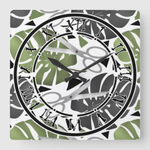 Tropische Print Monstera Leaves Quadratische Wanduhr