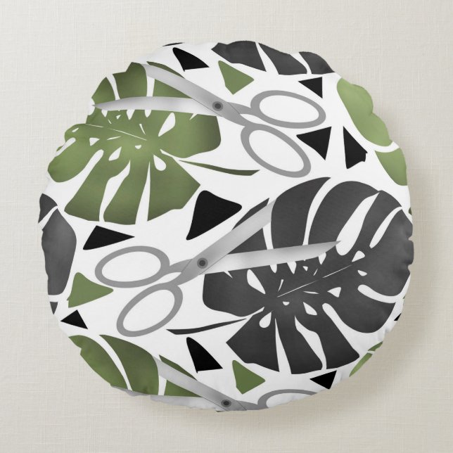Tropische Print Monstera Leaves Rundes Kissen (Vorderseite)