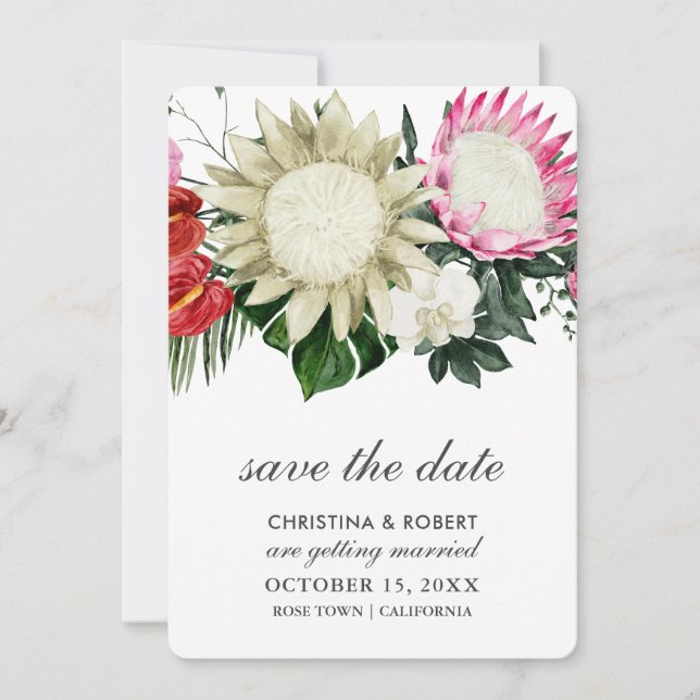 Tropische Protea Monstera Botanische Save The Date (Vorderseite)