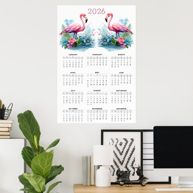 Tropische Romanze: 2026 Flamingo Wandkalender Poster (Heimbüro)