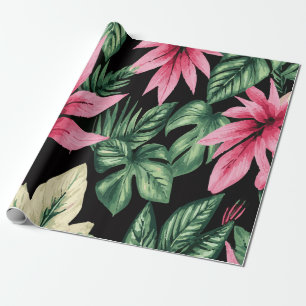 Tropische rosa Blumen und grüne Palmwedel Muster Geschenkpapier