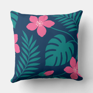 Tropische rosa Blumen und grünes Blattwerk Design Kissen