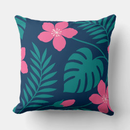 Tropische rosa Blumen und grünes Blattwerk Design Kissen