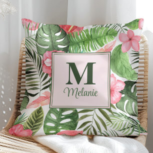 Tropische rosa Blumen und Monstera-Monogramm Kissen