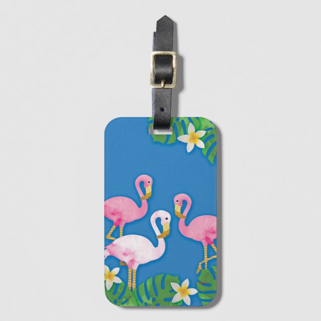 Tropische rosa Flamingos auf Blau Gepäckanhänger (Vorderseite Vertikal)