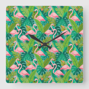 Tropische rosa Flamingos Dschungelfoliage Quadratische Wanduhr