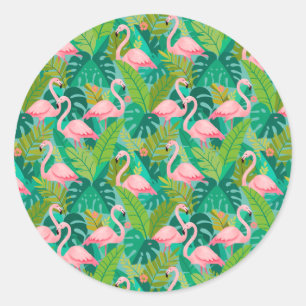 Tropische rosa Flamingos Dschungelfoliage Runder Aufkleber