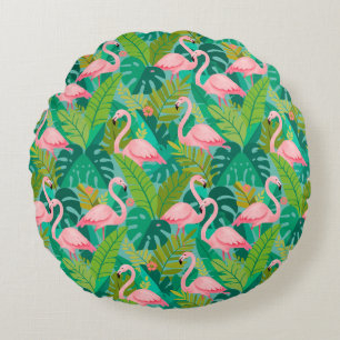 Tropische rosa Flamingos Dschungelfoliage Rundes Kissen