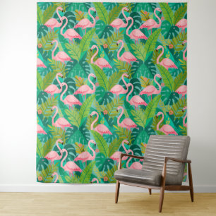 Tropische rosa Flamingos Dschungelfoliage Wandteppich