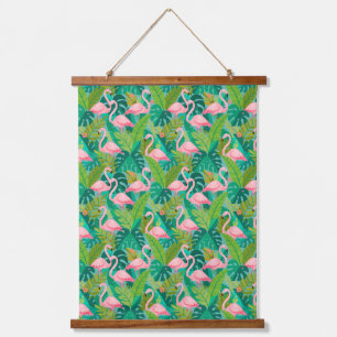 Tropische rosa Flamingos Dschungelfoliage Wandteppich Mit Holzrahmen