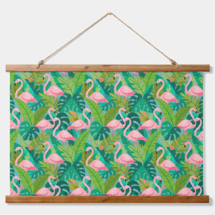 Tropische rosa Flamingos Dschungelfoliage Wandteppich Mit Holzrahmen