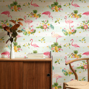 Tropische rosa Flamingos & Pflanzenmuster gestreif Tapete