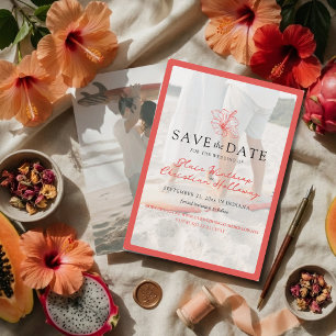 Tropische rosa Hibiskus-Doppel-Foto-Hochzeit Save The Date