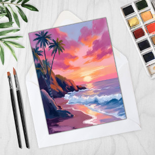 Tropische rosa Sonnenuntergangs-Ozean-Aquarellkart
