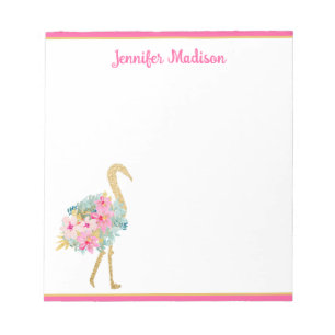 Tropische rosa und goldene Flamingos mit Blumen Notizblock
