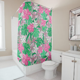 Tropische rosa weiße Blumen Palmenblätter Preppy Duschvorhang