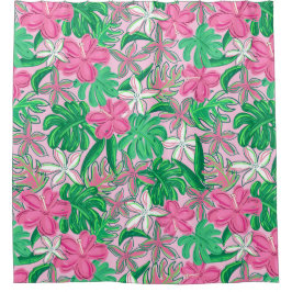 Tropische rosa weiße Blumen Palmenblätter Preppy Duschvorhang