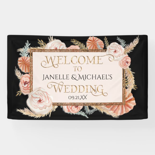 Tropische Rose Gold Black Blush Pampas Palmen Banner (Horizontal)