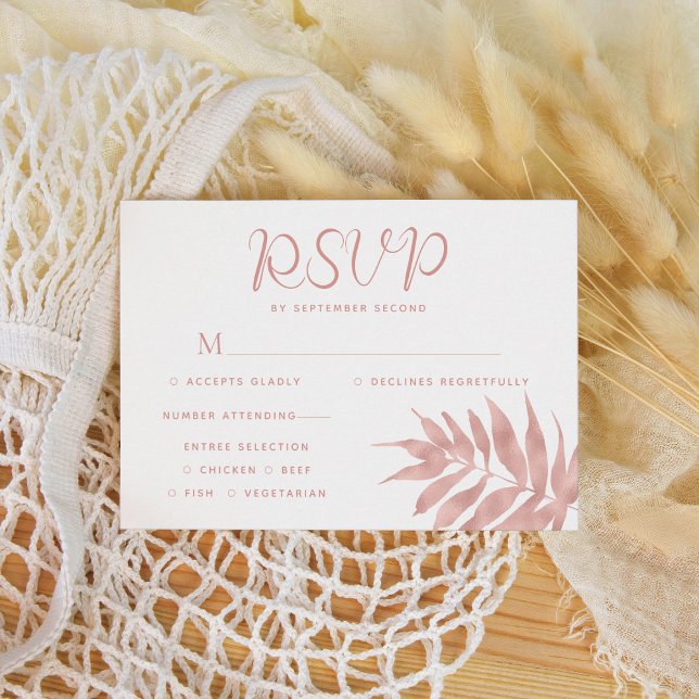 Tropische Rose Gold Leaf Moderne Weiße Hochzeit RSVP Karte (Von Creator hochgeladen)