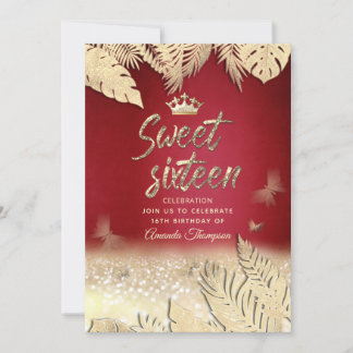 Tropische Rote Blätter Glitzer Schmetterling Tiara Einladung