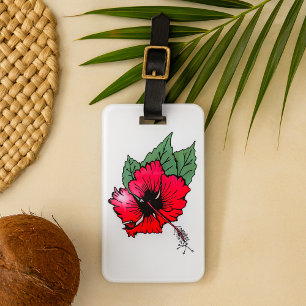 Tropische rote Hibiskusblüte mit grünen Blättern Gepäckanhänger
