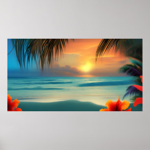 Tropische rote Hibiskusblüten Strand Ozean Palmen Poster