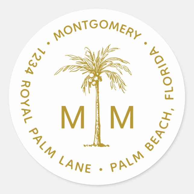 Tropische Rücksendeadresse der Monogram Palm Tree Runder Aufkleber (Vorderseite)