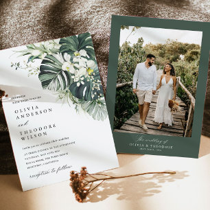 Tropische Salbei-Grün-Monstera-Foto-Hochzeit Einladung