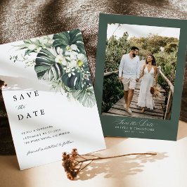 Tropische Salbei-Grün-Monstera-Foto-Hochzeit Save The Date