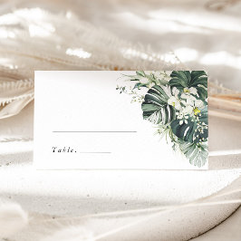 Tropische Salbei-Grün-Monstera-Hochzeitsname Platzkarte