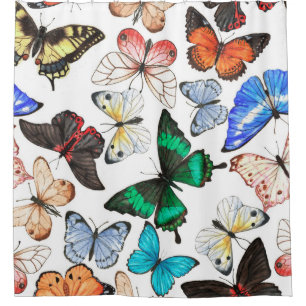 Tropische Schmetterlinge: buntes Aquarellmuster. Duschvorhang