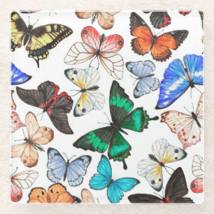 Tropische Schmetterlinge: buntes Aquarellmuster. Glasuntersetzer