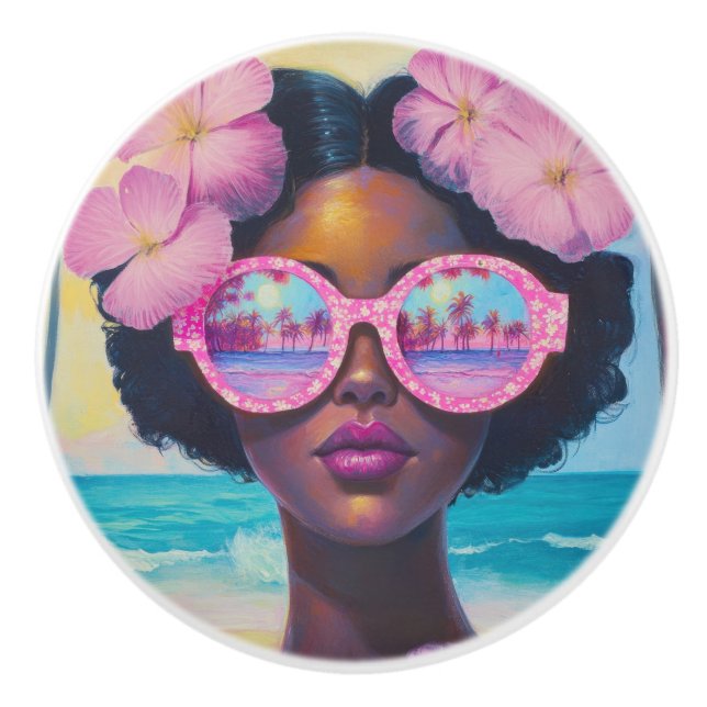 Tropische Schönheit in Rosa Keramikknauf (Vorderseite)