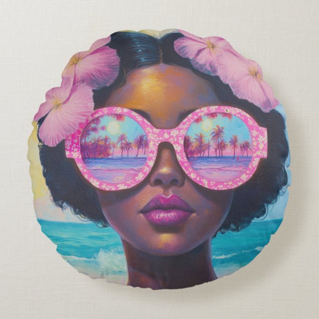 Tropische Schönheit in Rosa Rundes Kissen (Vorderseite)