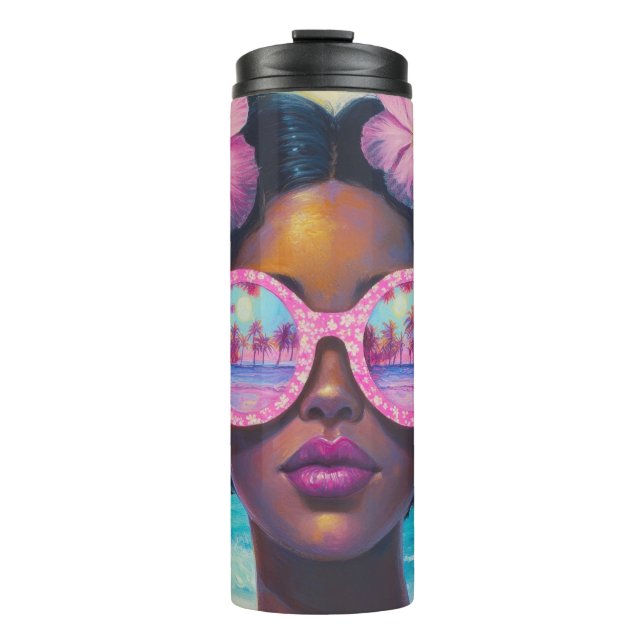 Tropische Schönheit in Rosa Thermosbecher (Vorderseite)