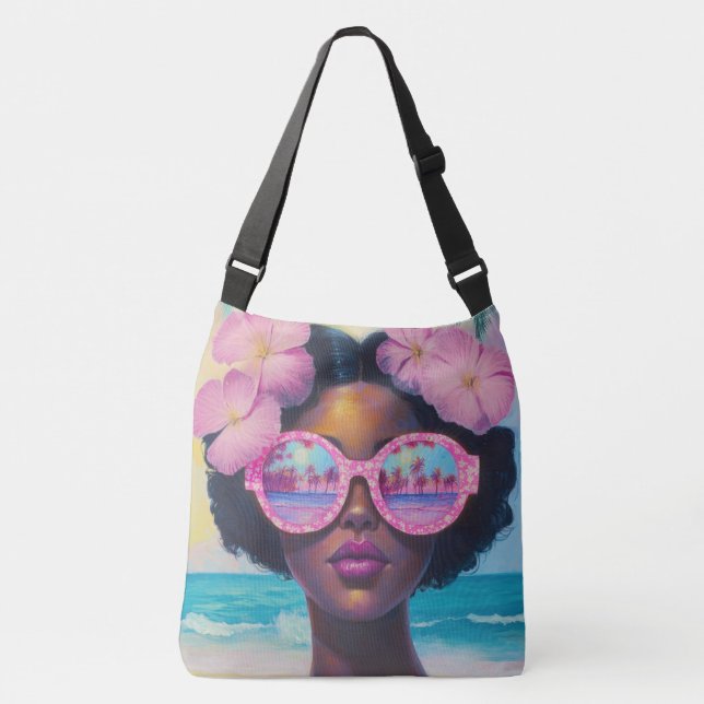 Tropische Schönheit in Rosa Tragetaschen Mit Langen Trägern (Vorderseite)