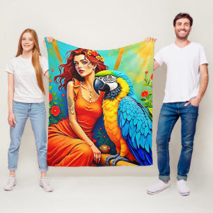 Tropische Schönheit und blauer Papagei Fleecedecke