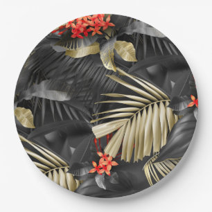 Tropische Schwarz & Gold-Verlass und Rote Blume Pappteller