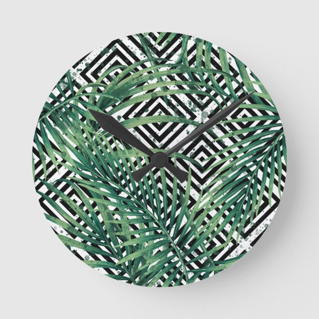 Tropische Schwarz-Weiß-Geometrie Runde Wanduhr (Vorderseite)
