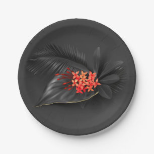 Tropische schwarze Blätter und rote Blume Pappteller