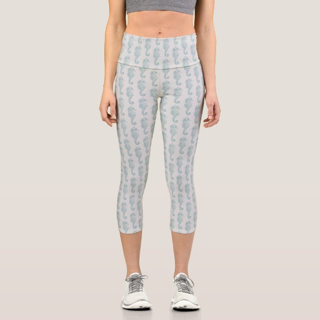 Tropische Seepferde, Seepferd Muster - Blau grau Capri Leggings (Vorderseite)