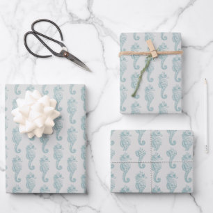 Tropische Seepferde, Seepferd Muster - Blau grau Geschenkpapier Set