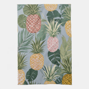 Tropische Serenität: Gemalte Ananas und Palmen Geschirrtuch