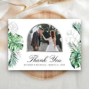 Tropische Silberpalmenbogen-Foto-Hochzeit Dankeskarte