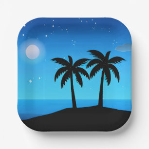 Tropische Silhouette mit Mond und Sternen Pappteller