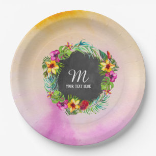 Tropische Sommer-Blume Hibisken Monogram Pappteller
