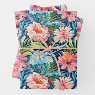 Tropische Sommerblumen Botanisches Blumenmuster Geschenkpapier Set